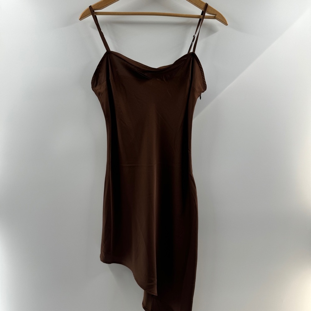 Forever 21 Brown Satin Asymmetrical Midi Dress – Size Medium